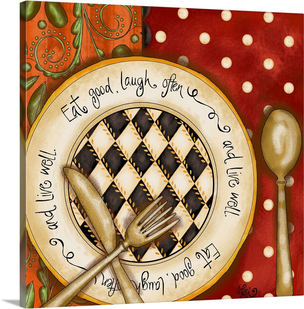 Kitchen wall art drawing of a plate with silverware with an inspirational saying on the plate against a bright background.
