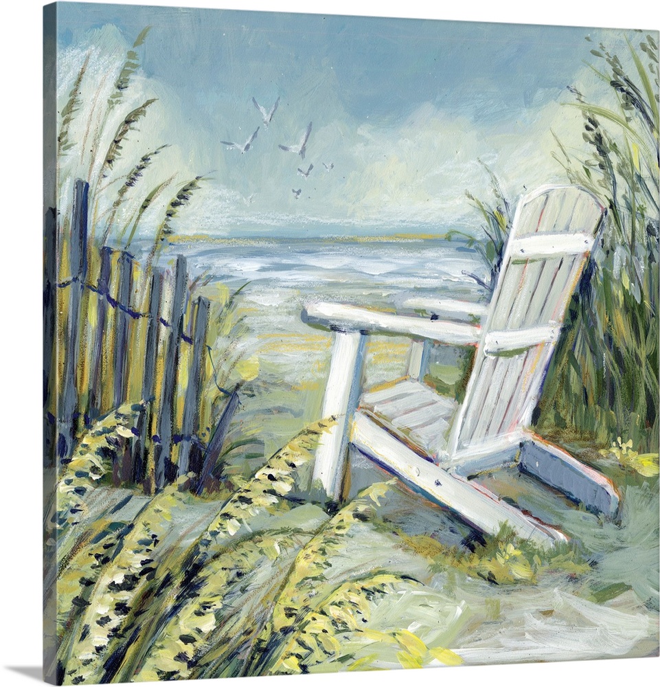 An empty adirondach chair beckons the ocean gazer to it's vista.