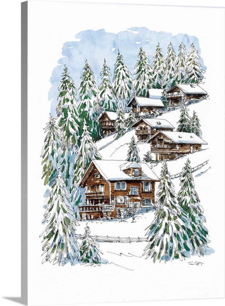 A lovely pen and ink rendering of an Alpine chalet vista