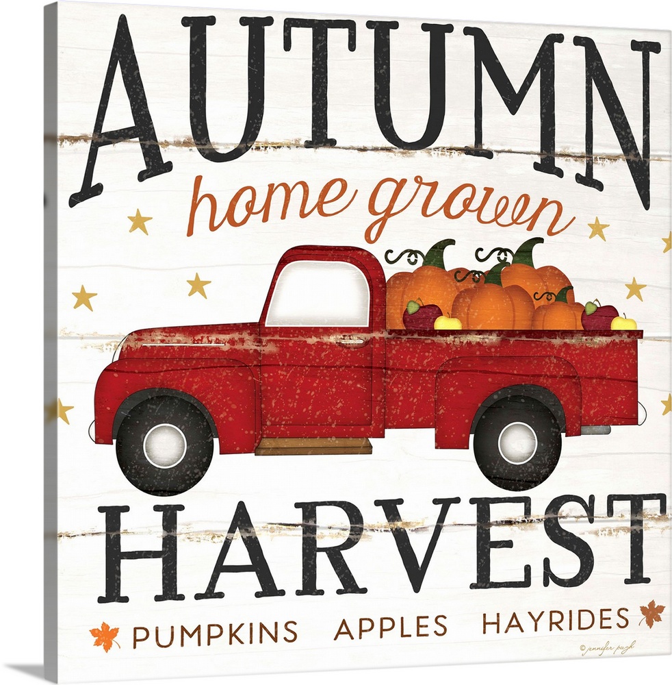 Rustic fall themed decor with the words, "Autumn harvest, home grown, and pumpkins, apples, hayrides" .