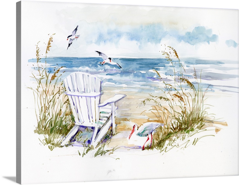 A wispy watercolor feel evokes a sunny day by the shore.