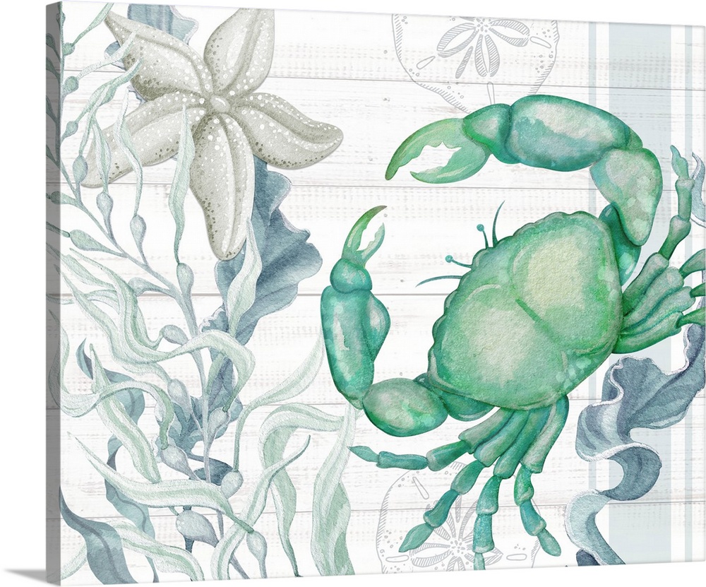 The popular crab featured in this sea-glass toned art is perfect for any beach house decor!