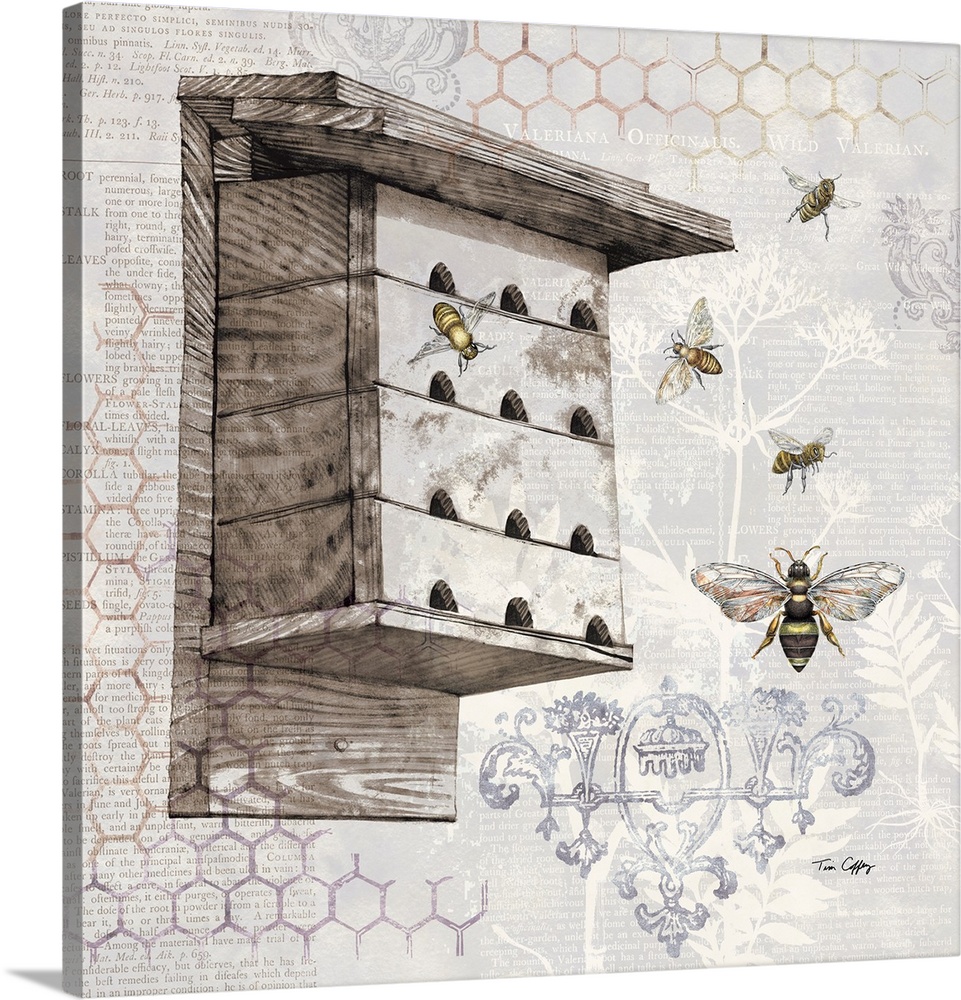 A classic and elegant botanical of a bee house in a soft neutral palette.