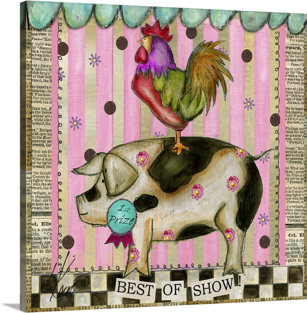 Whimsical Rooster on Pig fair winner, art, Lisa Kaus