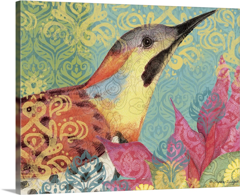 Boldly colored and patterned bird makes an impacting, decorative statement.