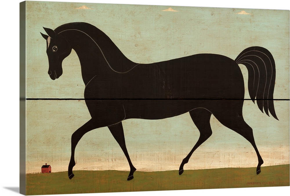 Americana horse scene by renowned folk artist Warren Kimble. Large stallion painted on wood panel.