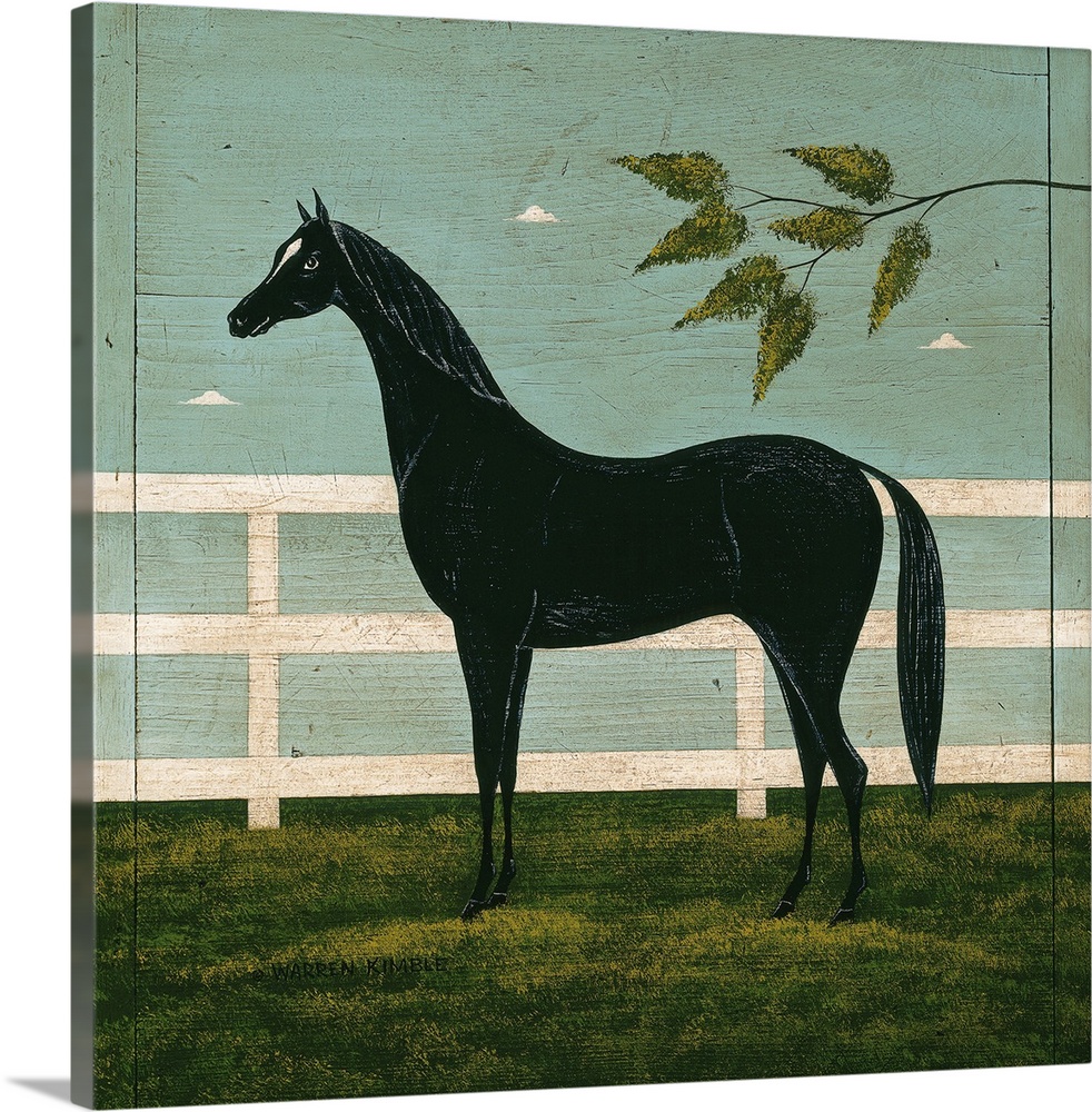 Square fold art on a big wall hanging of a black horse with small legs and head, standing in the green grass, in front of ...