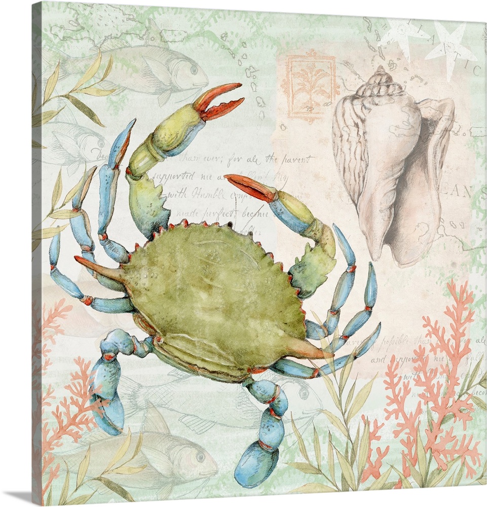Softly hued scene featuring a green crab is a subtle and tasteful coastal statement.