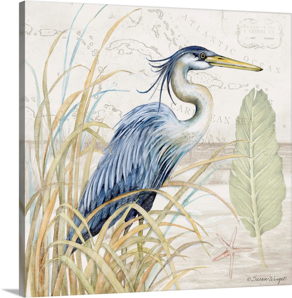 Softly hued scene featuring the striking blue heron is a subtle and tasteful coastal statement.