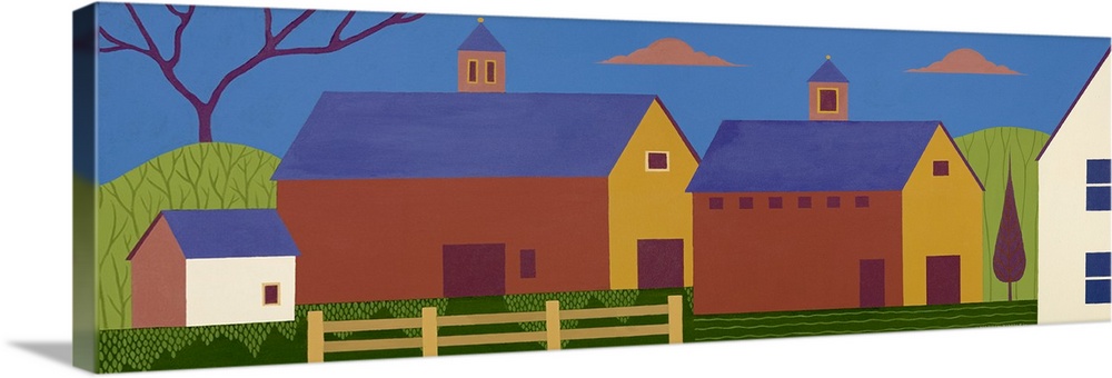 Oversized, horizontal folk art on a wall hanging of simplistically shaped buildings in a group, surrounded by a country se...