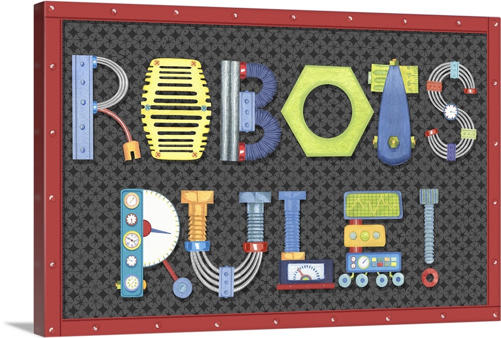 Playful and bright robots are the stars of this Kid room art!