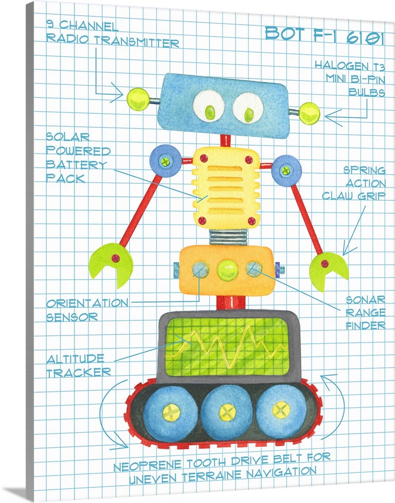 Playful and bright robots are the stars of this Kid room art!