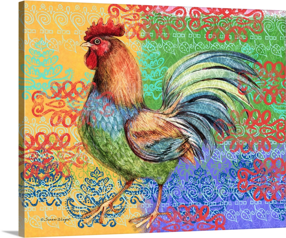 Striking depiction of rooster adds a dynamic touch to any decor.