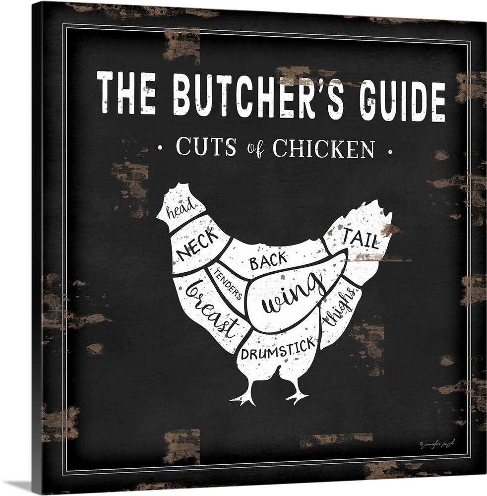 Rustic square chart showing cuts of chicken in black and white.