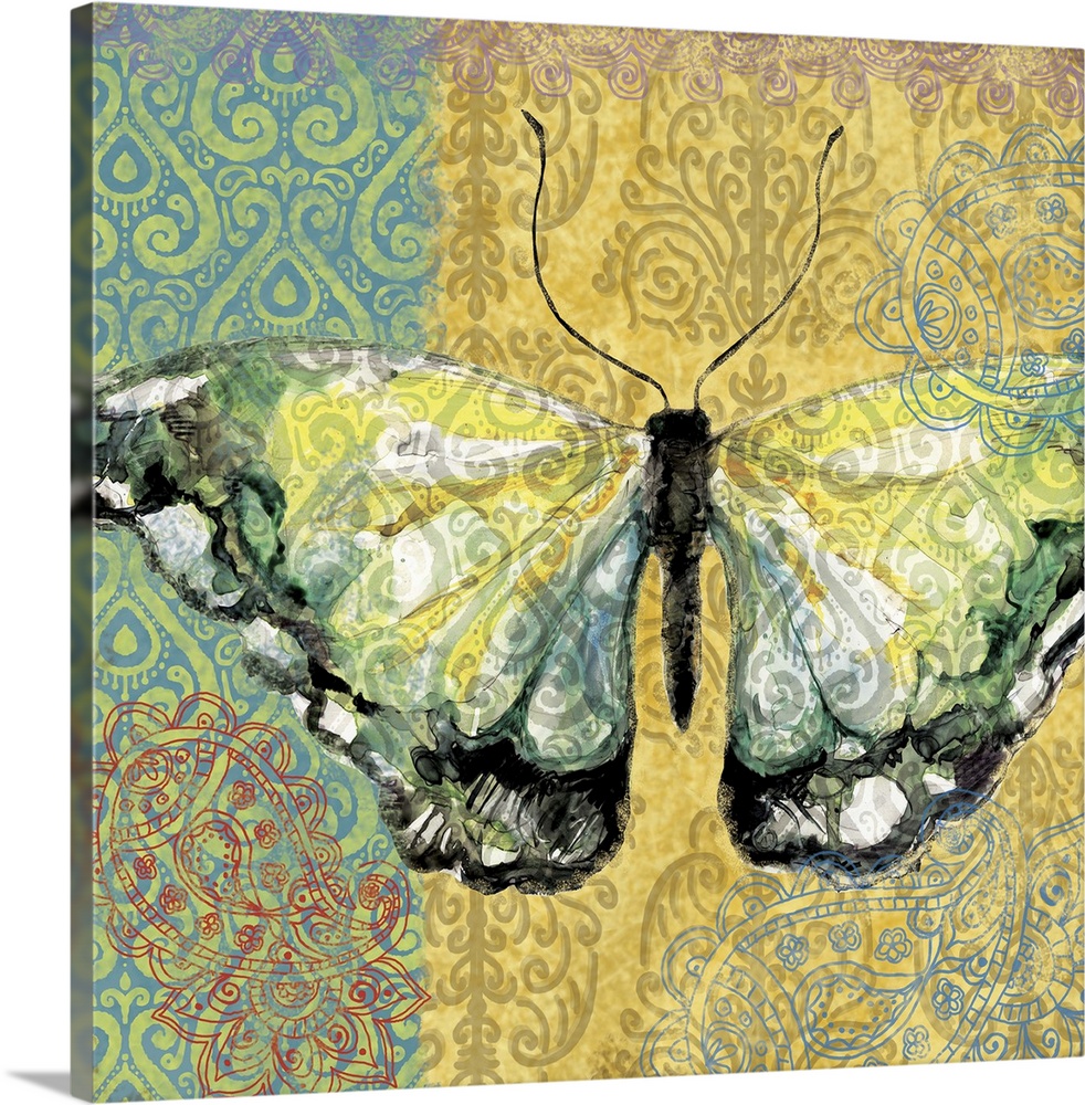Yellow and green butterfly on colorful ornate background