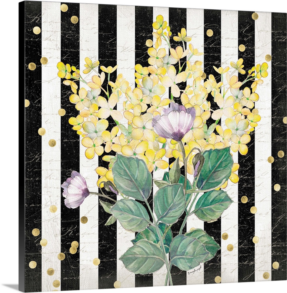 Contemporary artwork of colorful flowers against a black and white striped background with golden dots covering the image.