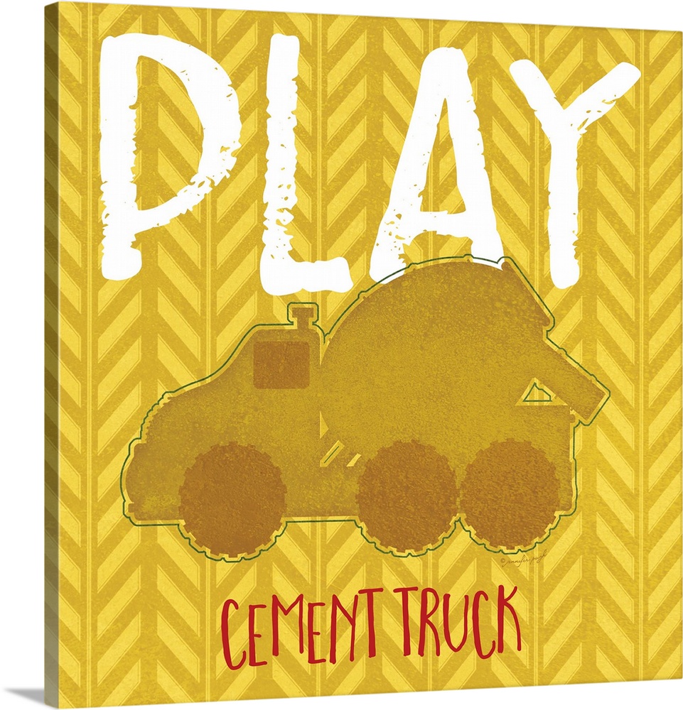 Children's artwork of a construction cement truck with the word, "Play" above.