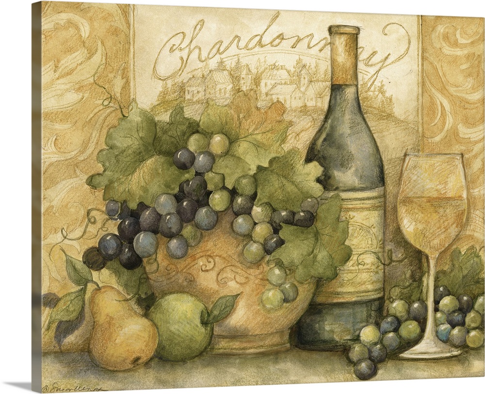 Napa-inspired food and wine painting with wine bottle, wine glass, grapes, apples, pears, and bowl of fruit sitting on table.