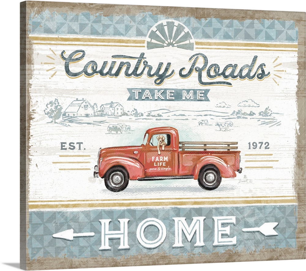Vintage farmhouse signage of a rustic red truck evokes a classic country style