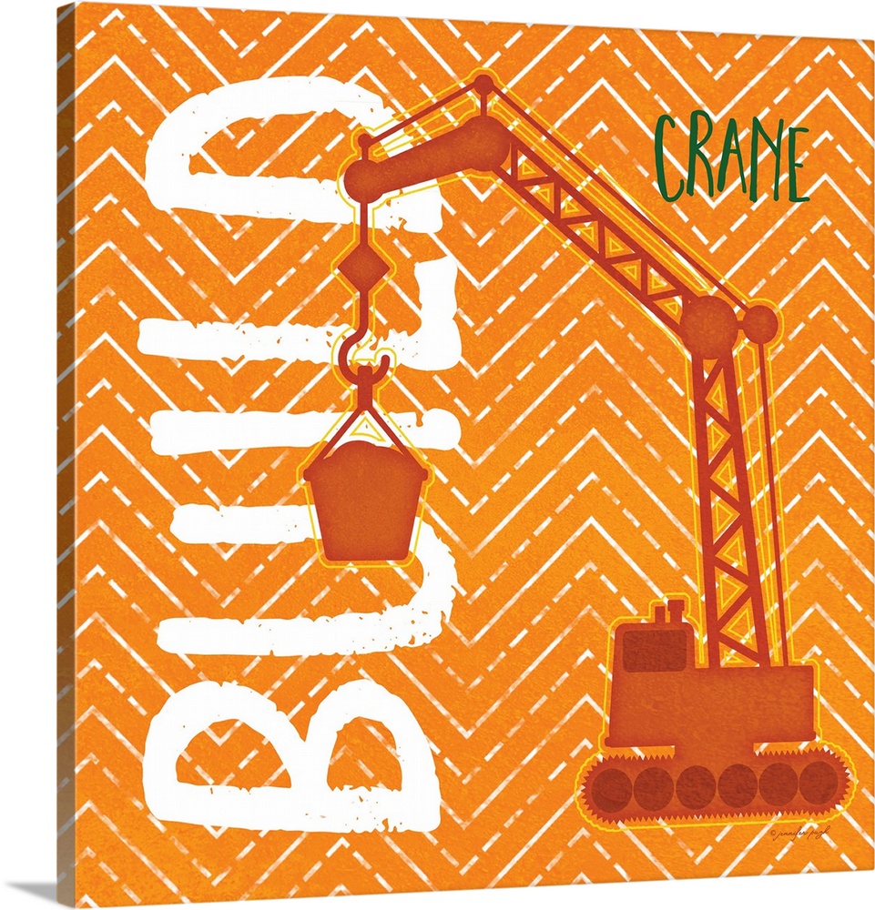 Children's artwork of a construction crane with the word, "Build" to the left.