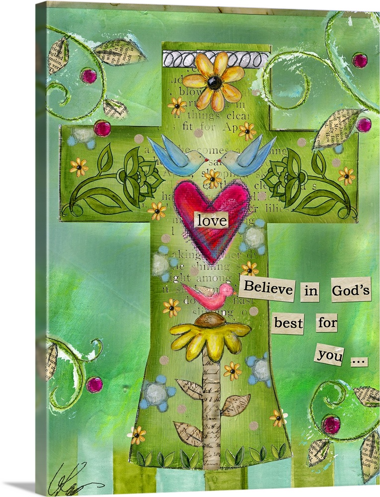 A mixed media Christian artwork depicting a cross filled with elements of love such as flowers, hearts, and birds, with th...
