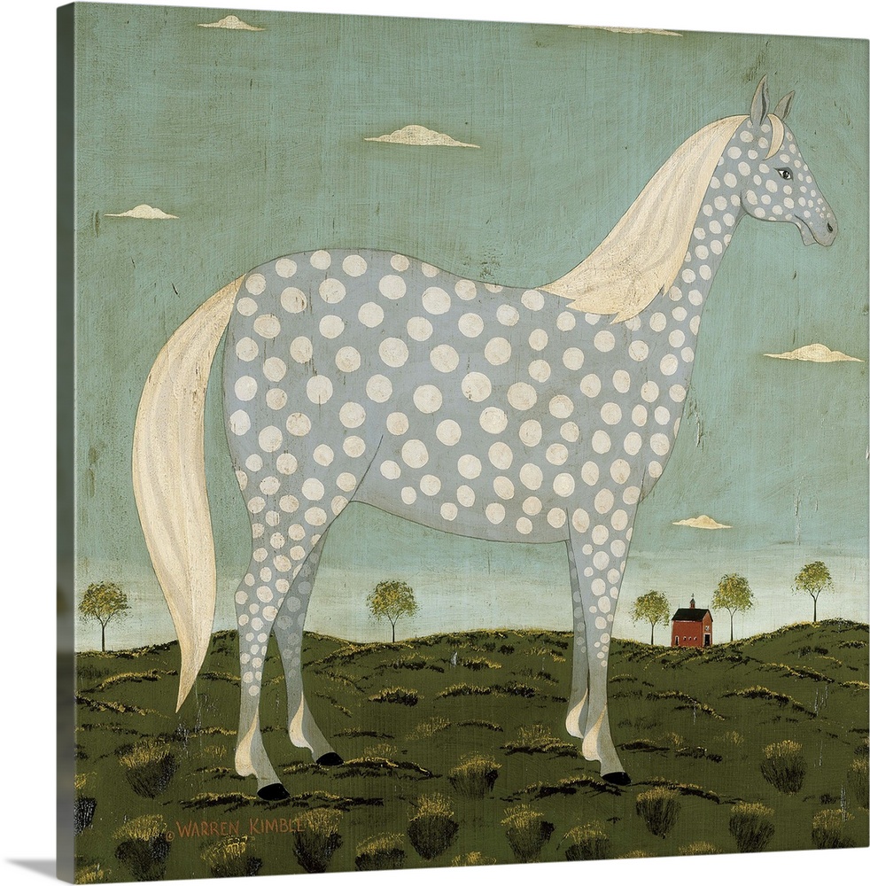 Large illustration of a horse with polka dots standing in a field.