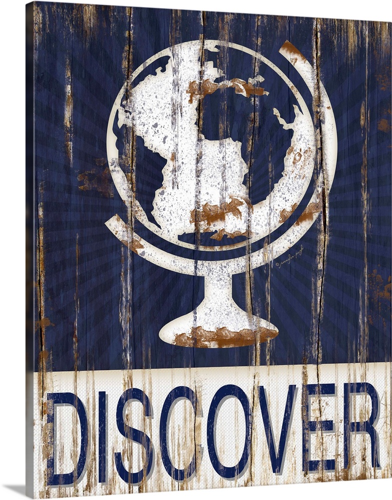 This distressed decor features a globe with the word, "Discover" underneath.