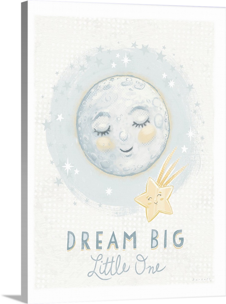 A sweet and softly rendered painting of a moon and staroperfect for any nursery.