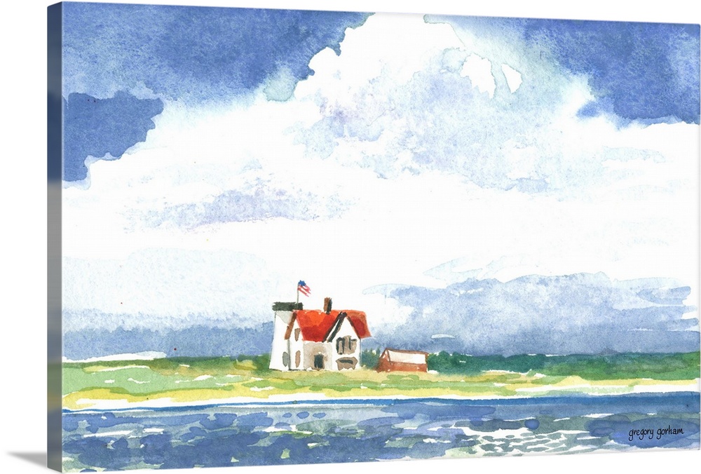Watercolor painting of a small house on the coast.