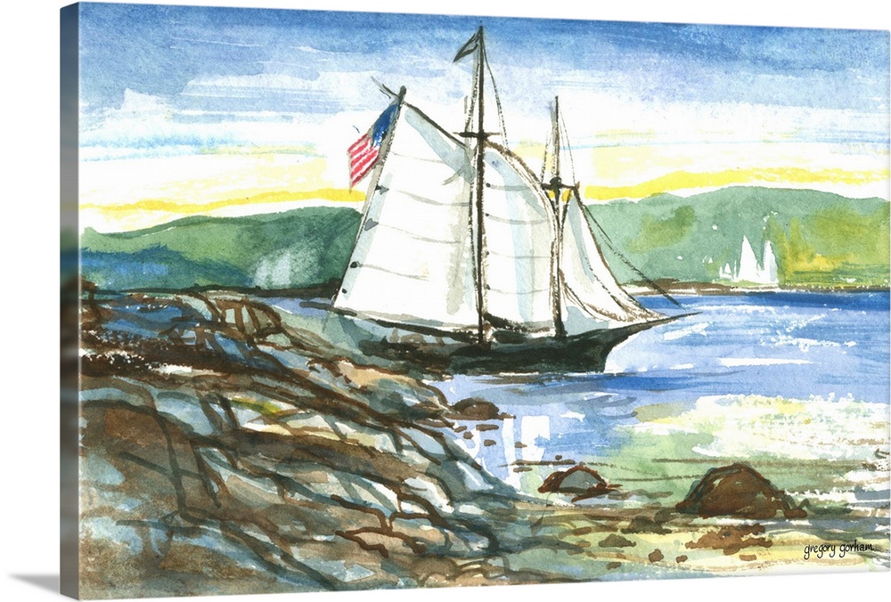Watercolor painting of a sailing ship near the rocky coastline.