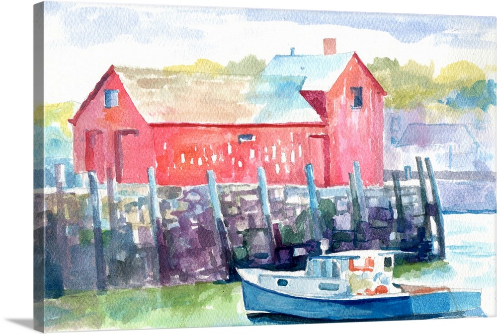 Watercolor painting of a red house and a fishing boat on in a seaside town.