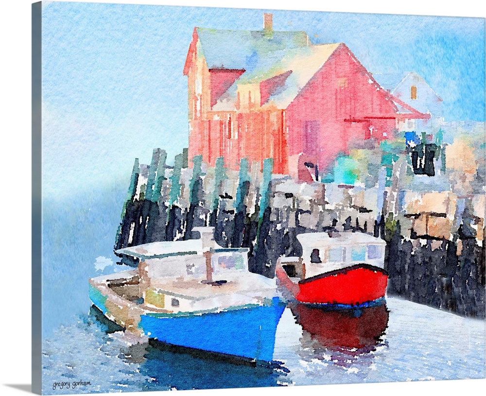Watercolor painting of a red house and fishing boats on in a seaside town.