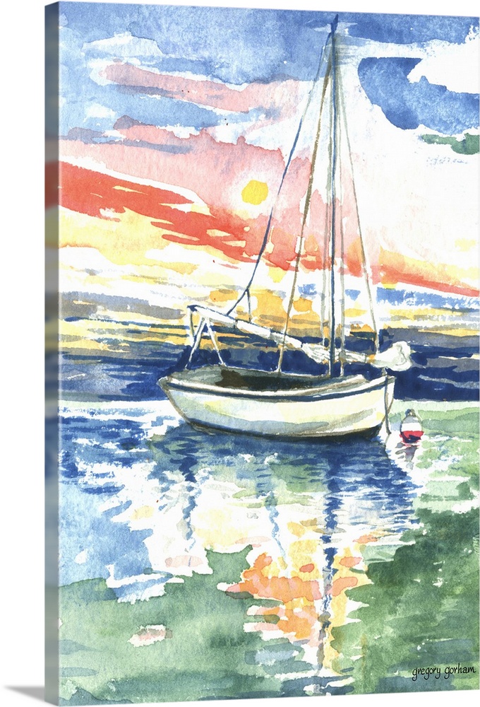 Watercolor painting of a sailboat on the ocean at sunset.