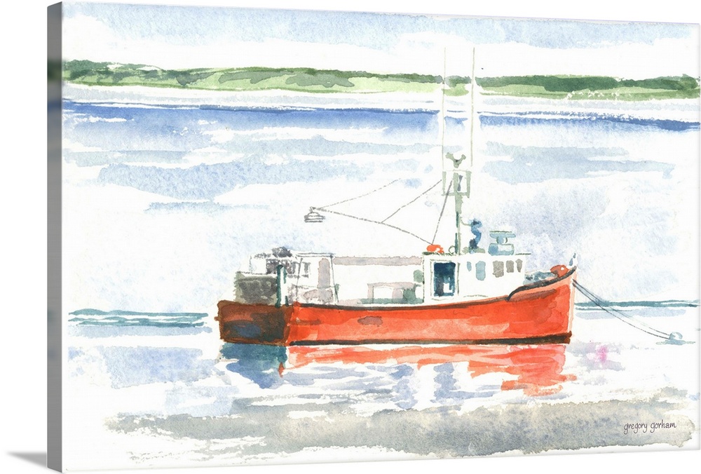 Watercolor painting of a red fishing boat on the ocean.