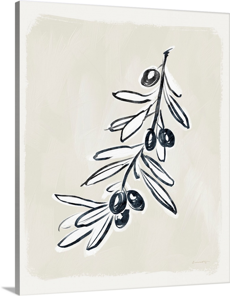 A simple yet elegant botanical rendering of an olive branch makes a strong decor statement.