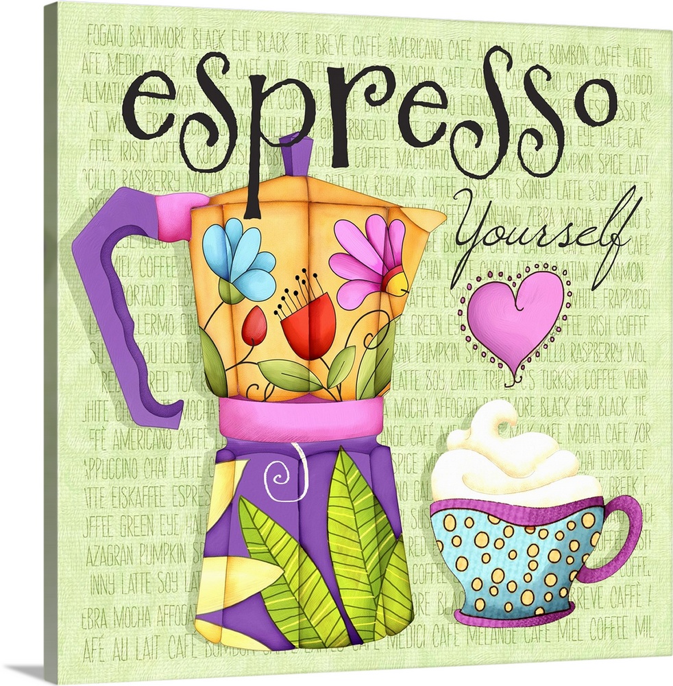 Whimsical coffee-themed art for the kitchen or office.
