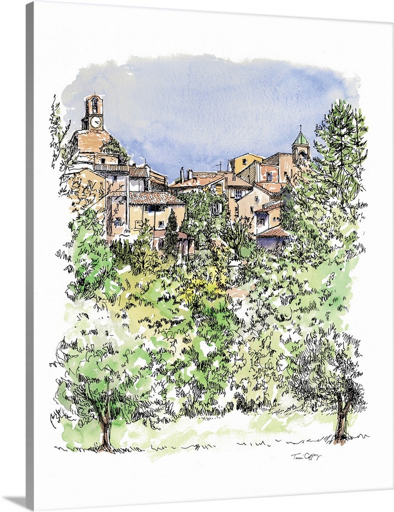 A lovely pen and ink depiction of a countryside European village.