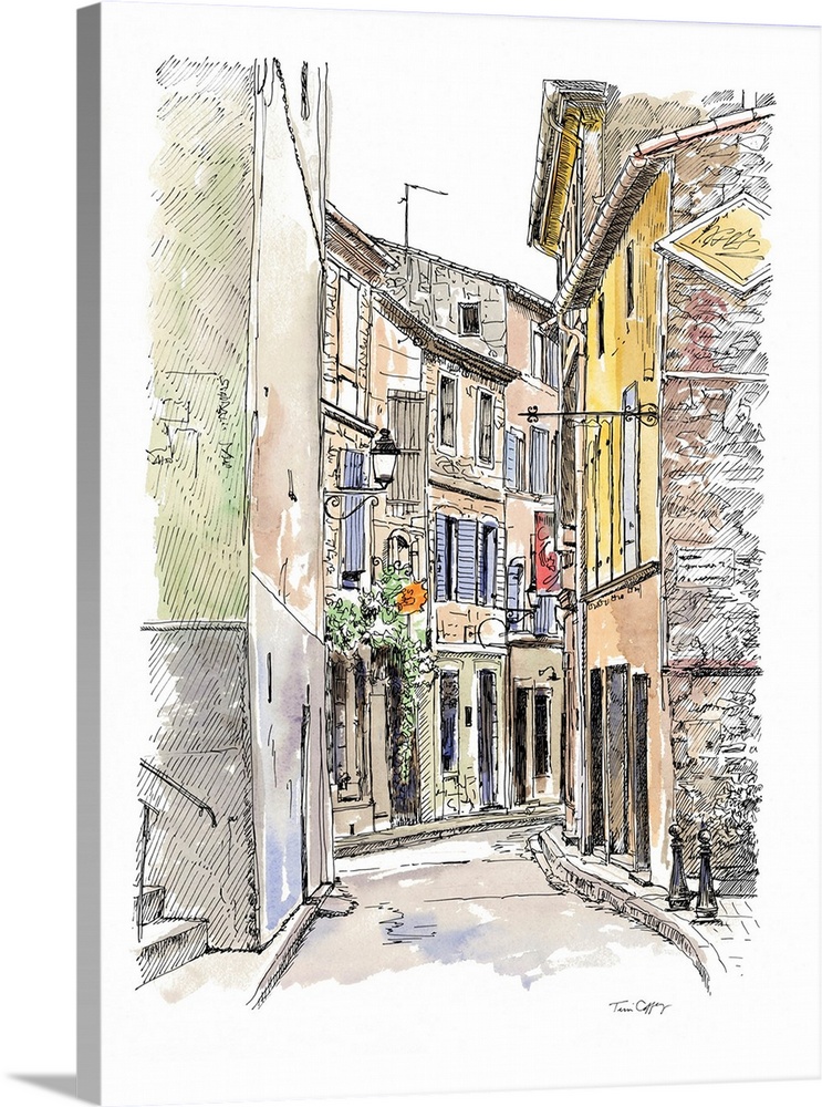 A lovely pen and ink depiction of a European back alleyway.