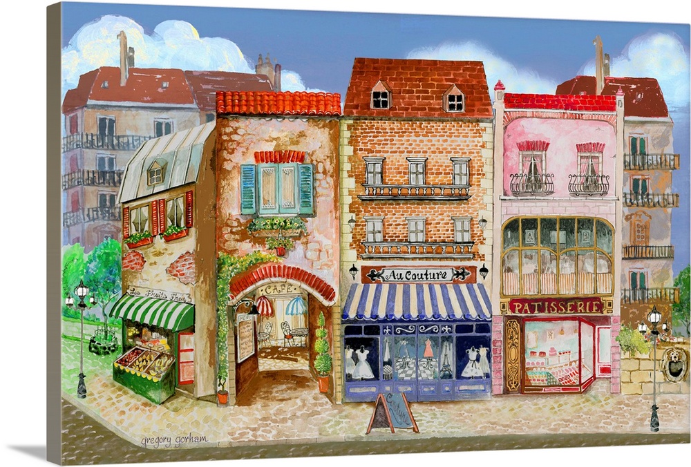 Contemporary illustration of a street in Europe with a colorful variety of storefronts.