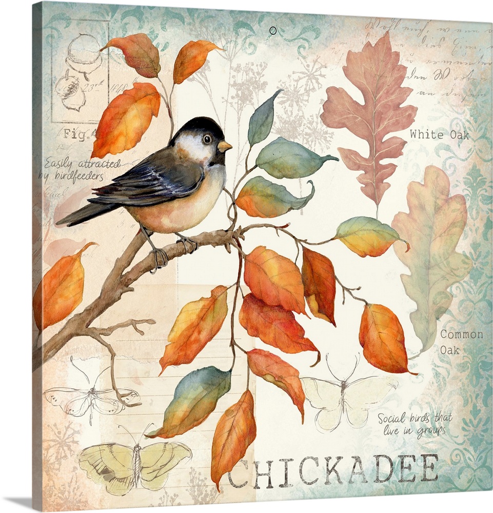 Botanical bird scene captures the warmth of the autumn palette.