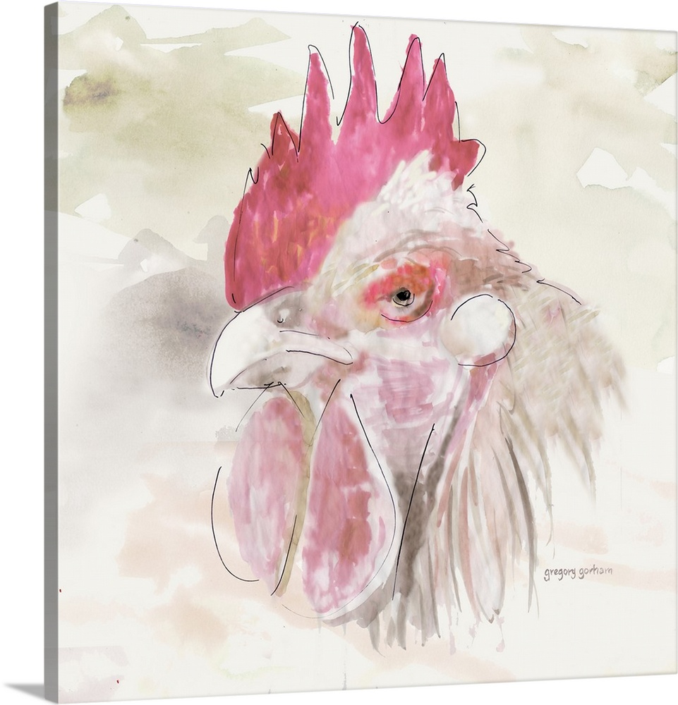 Pastel watercolor portrait of a chicken.
