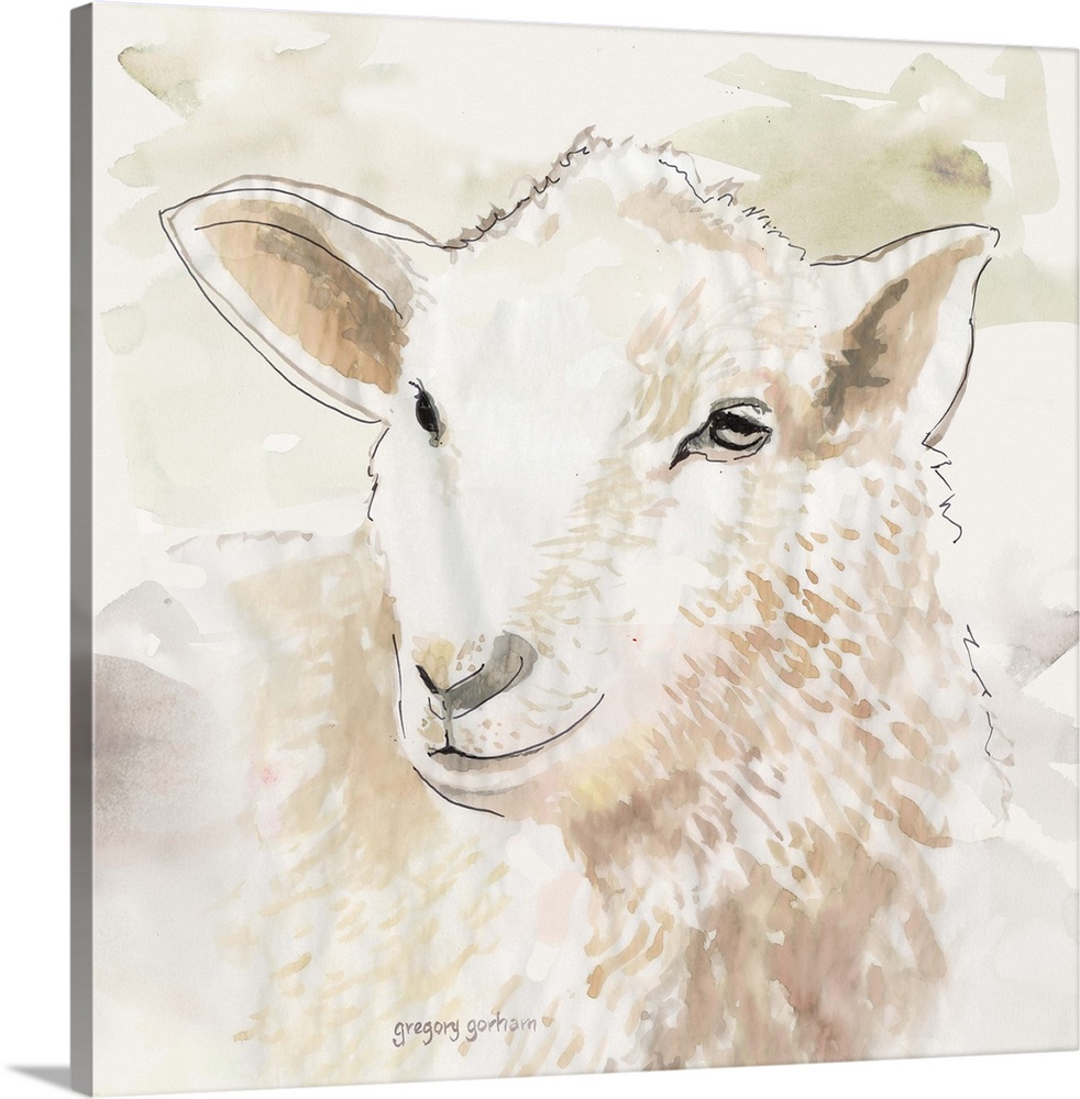 Pastel watercolor portrait of a sheep.