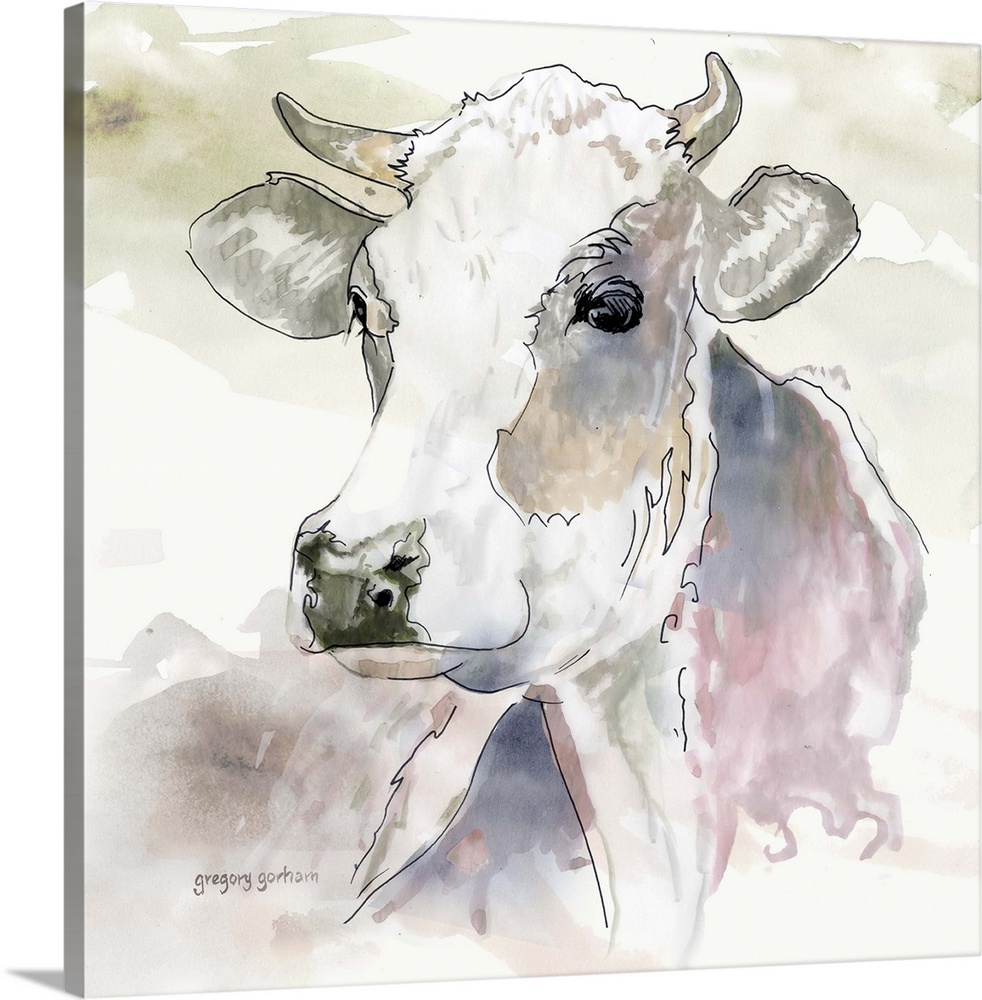 Pastel watercolor portrait of a dairy cow.