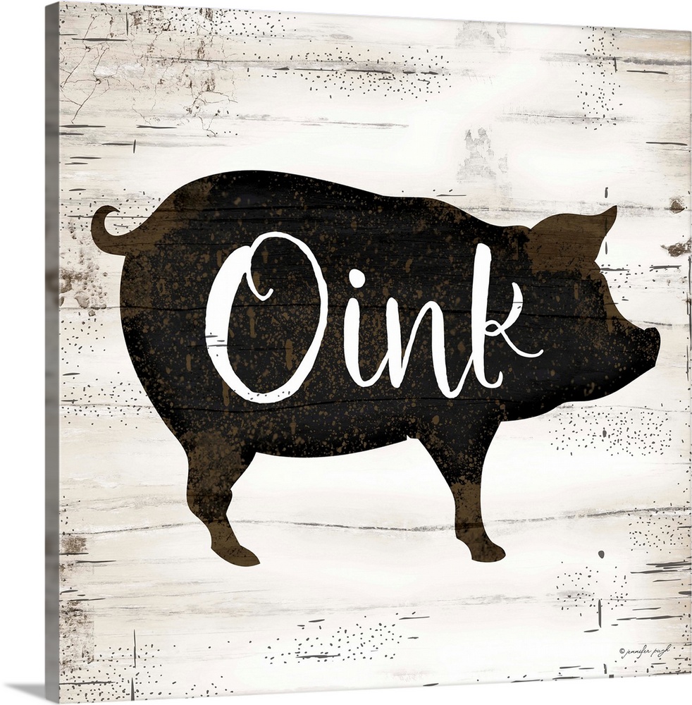 Rustic art of the silhouette of a pig with script text over it, on a background with an old wood texture.