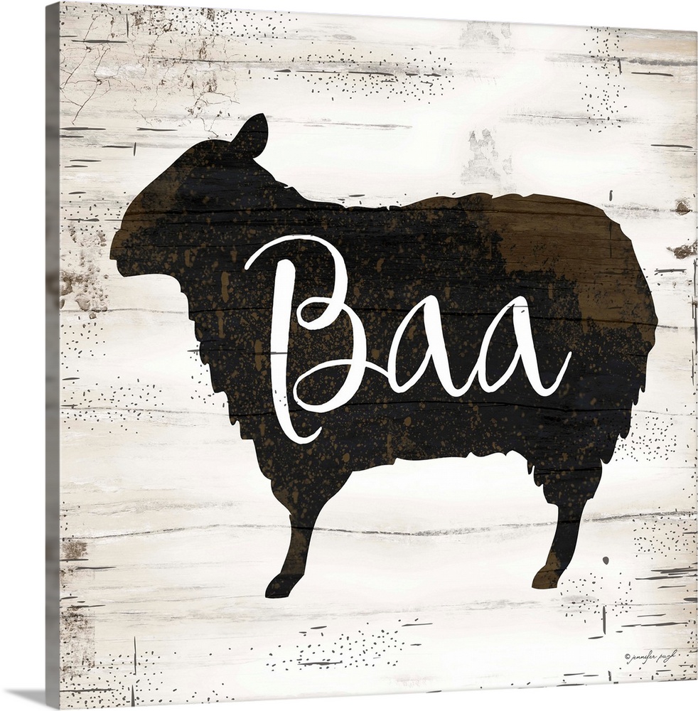 Rustic art of the silhouette of a sheep with script text over it, on a background with an old wood texture.