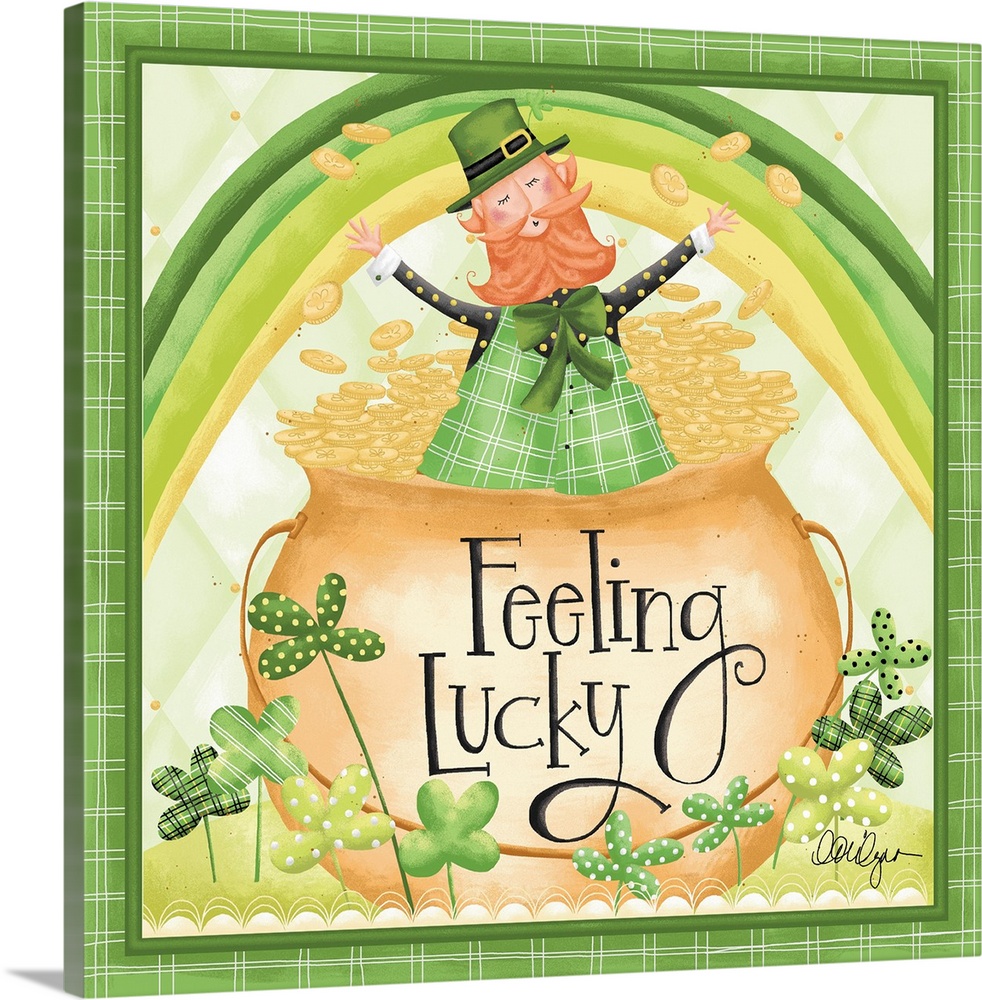 Cute St. Patrick's Day artwork of a leprechaun in a pot of gold with lucky four-leaf clovers.