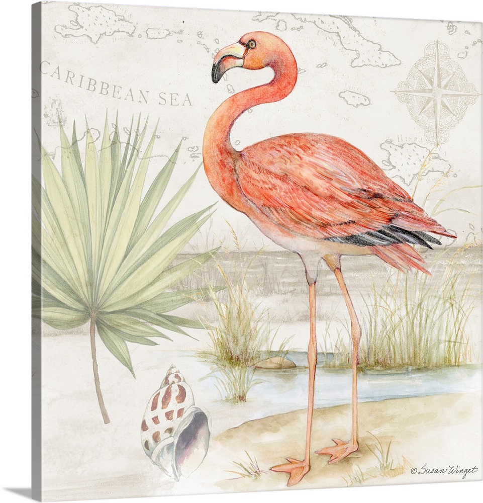 Softly hued scene featuring a striking pink flamingo is a subtle and tasteful coastal statement.