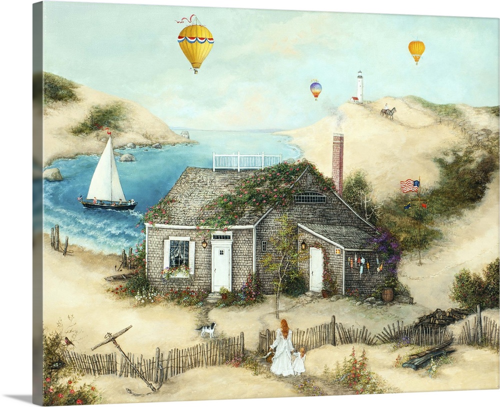 A contemporary painting of a bay side cottage scene.