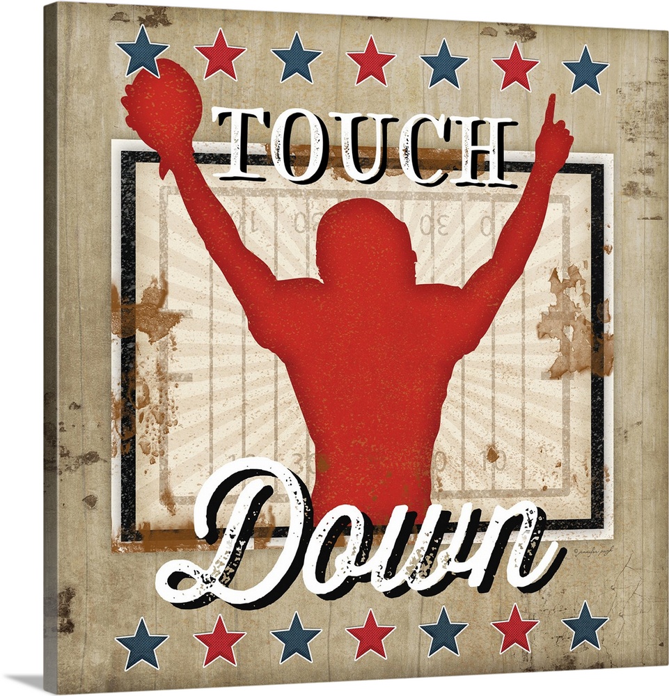 Distressed themed artwork of football with the word, "Touchdown" .