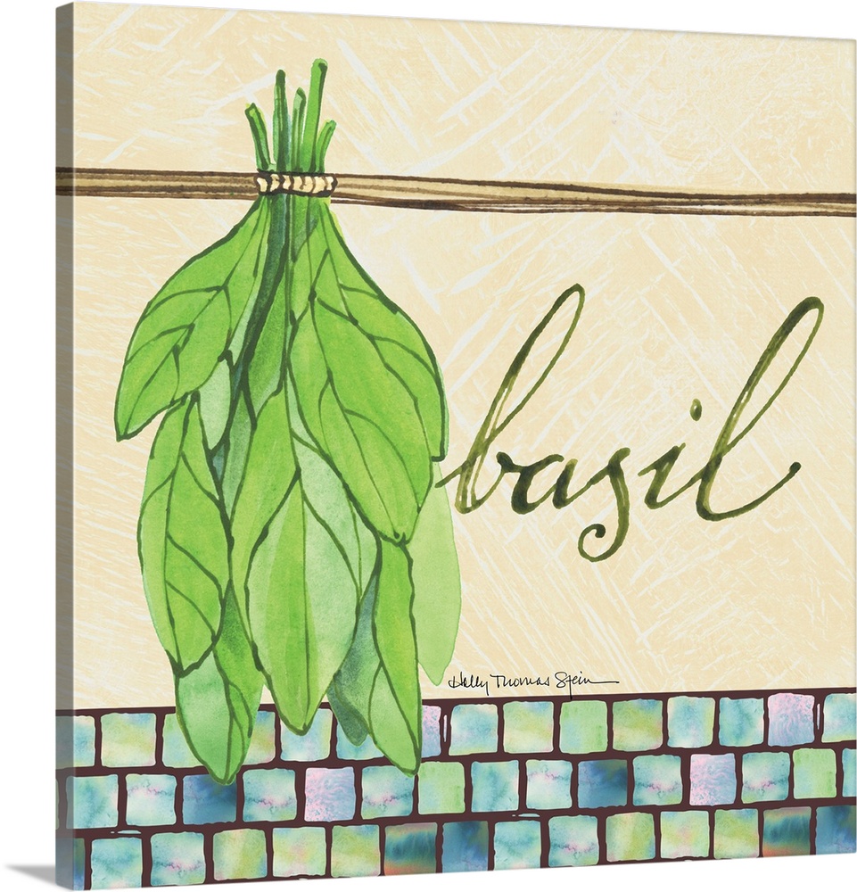 A lovely botanical treatment for the basil leafa perfect kitchen decor accent.